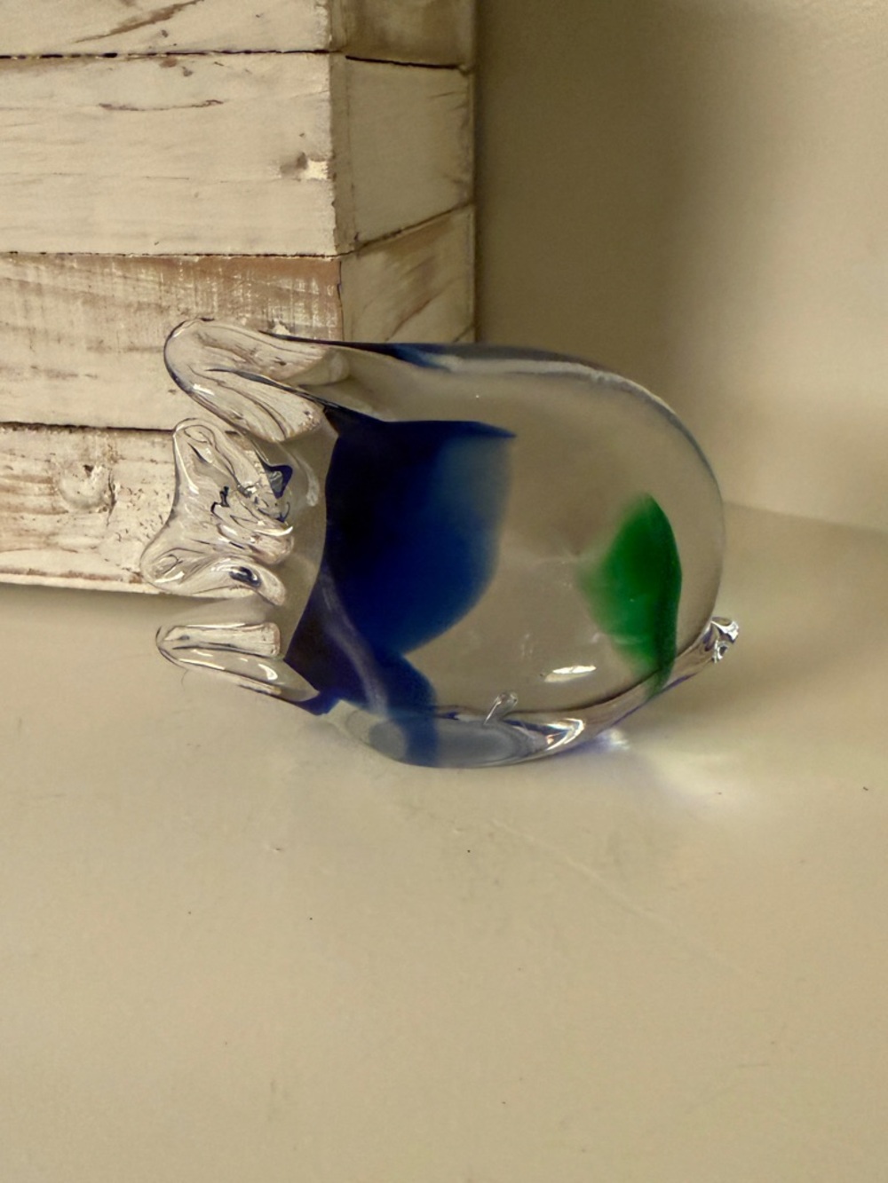 Blue And Green Art Glass Angel Fish Paperweight Figurine Vintage